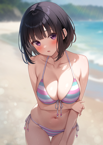 Anime picture 2508x3541 with original inoue yurina karutamo single tall image looking at viewer blush fringe highres short hair breasts open mouth light erotic black hair large breasts standing purple eyes cleavage outdoors blunt bangs