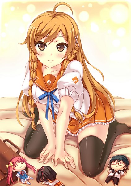 Anime picture 700x990 with mirai millenium suenaga mirai hoshikawa kanata suenaga haruka peach88 long hair tall image blush short hair black hair smile twintails multiple girls brown eyes ahoge red hair braid (braids) pleated skirt orange hair twin braids