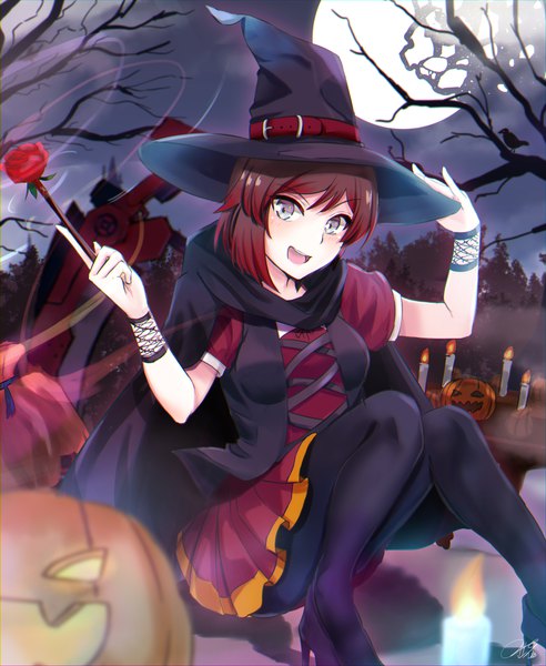 Anime picture 2579x3147 with rwby rooster teeth ruby rose ottey single tall image looking at viewer fringe highres short hair open mouth black hair smile hair between eyes sitting sky outdoors red hair night short sleeves