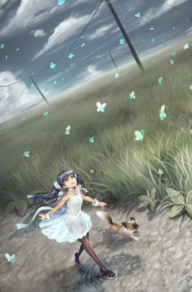 Anime picture 1317x2000 with original ayaki (artist) single long hair tall image open mouth blue eyes twintails signed purple hair outdoors looking up running girl dress plant (plants) animal pantyhose white dress insect
