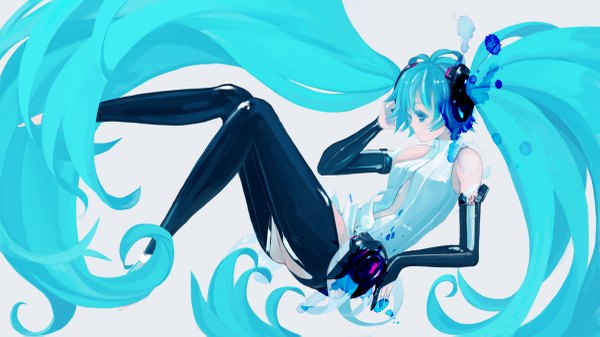Anime picture 1200x675 with vocaloid hatsune miku 72 (nananatsu) long hair smile wide image twintails very long hair aqua eyes aqua hair weightlessness latex girl thighhighs gloves black thighhighs necktie elbow gloves headphones fingerless gloves