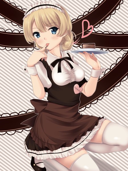 Anime picture 2100x2800 with girls und panzer darjeeling (girls und panzer) nksk (artist) single tall image looking at viewer blush highres short hair blue eyes blonde hair maid finger to mouth girl thighhighs dress uniform white thighhighs headdress sweets
