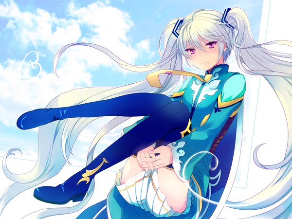 Anime picture 1000x750 with tales of (series) tales of zestiria vocaloid hatsune miku mikleo (tales) miyu (matsunohara) single long hair looking at viewer blush light erotic purple eyes twintails sky cloud (clouds) white hair otoko no ko parody girl dress