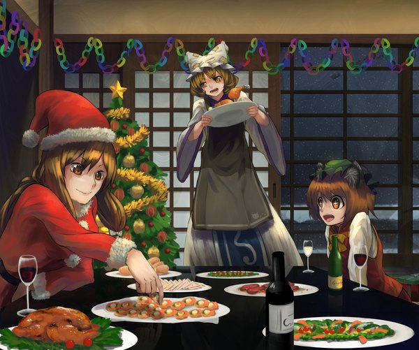 Anime picture 1580x1320 with touhou yakumo yukari yakumo ran chen berabou long hair short hair open mouth blonde hair smile brown hair standing sitting multiple girls brown eyes animal ears yellow eyes sky indoors long sleeves