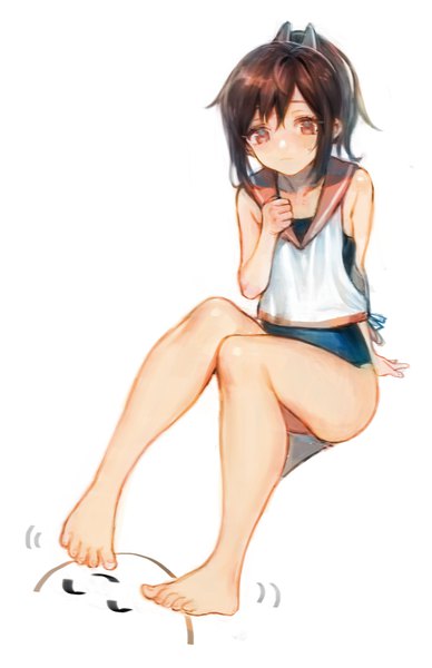Anime picture 555x858 with kantai collection i-401 aircraft carrying submarine zuizi single tall image short hair light erotic simple background brown hair white background sitting brown eyes full body ponytail barefoot arm support sailor collar girl swimsuit one-piece swimsuit