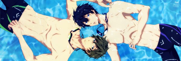 Anime picture 10097x3430 with free! kyoto animation nanase haruka (free!) tachibana makoto muta ryouhei fringe highres short hair blue eyes light erotic black hair hair between eyes wide image green eyes blue hair absurdres parted lips official art multiple boys wet