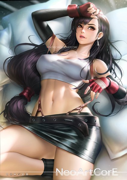 Anime picture 600x849 with final fantasy final fantasy vii square enix tifa lockhart nudtawut thongmai single long hair tall image blush fringe breasts light erotic black hair brown eyes signed looking away cleavage lying nail polish parted lips