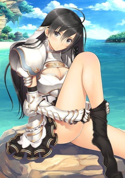 Anime picture 2169x3072 with shining (series) shining resonance sonia blanche tony taka single long hair tall image looking at viewer highres light erotic black hair sky cloud (clouds) bent knee (knees) outdoors parted lips black eyes scan girl thighhighs