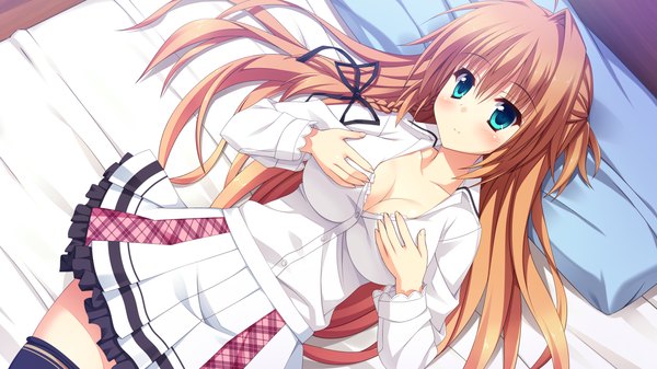 Anime picture 1280x720 with koishiki manual ichinose himeno saeki nao single long hair looking at viewer blush breasts blue eyes smile brown hair wide image large breasts game cg cleavage lying braid (braids) on back hand on chest girl