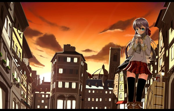 Anime picture 2000x1278 with fatkewell single long hair highres blue eyes black hair evening steam girl thighhighs skirt black thighhighs miniskirt scarf building (buildings)