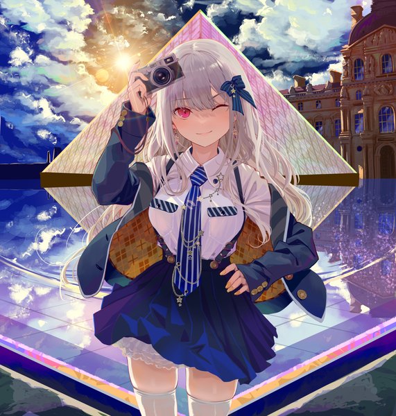 Anime picture 1378x1447 with original ito lab single long hair tall image looking at viewer fringe smile standing holding sky silver hair cloud (clouds) outdoors long sleeves nail polish one eye closed pink eyes arm up wink
