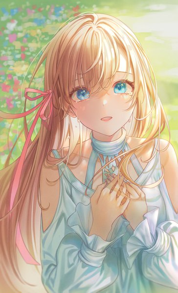 Anime picture 1800x2967 with final fantasy final fantasy xiv square enix ryne (ff14) lium single long hair tall image looking at viewer fringe highres open mouth blue eyes blonde hair smile hair between eyes standing upper body outdoors long sleeves