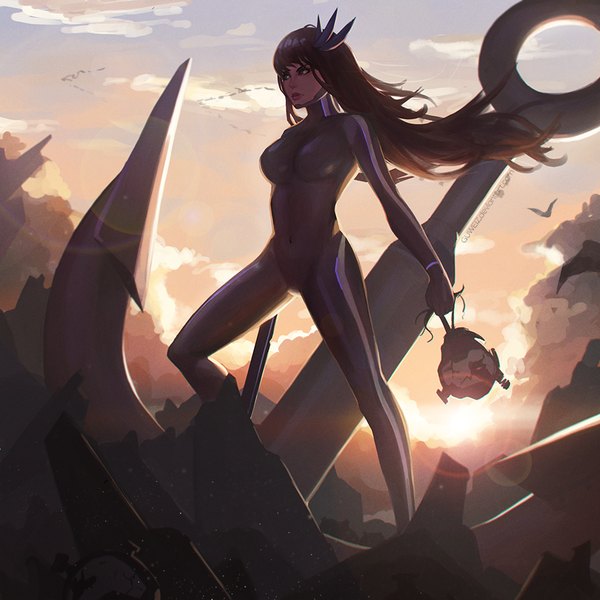 Anime picture 900x900 with original guweiz single long hair fringe breasts black hair large breasts standing brown eyes signed looking away sky cloud (clouds) bent knee (knees) wind sunlight lens flare flying sunbeam