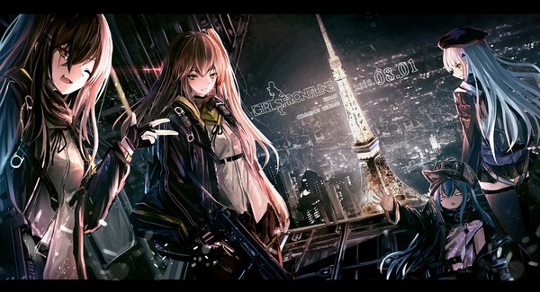 Anime picture 1990x1080 with girls frontline hk416 (girls frontline) ump45 (girls frontline) ump9 (girls frontline) g11 (girls frontline) haguruma (hagurumali) long hair looking at viewer fringe highres breasts open mouth smile hair between eyes brown hair wide image multiple girls holding brown eyes green eyes