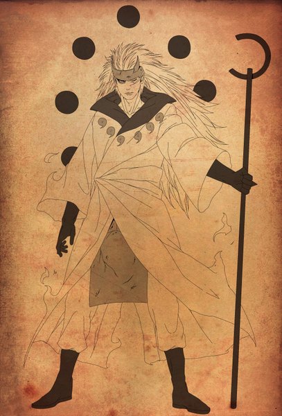 Anime picture 2301x3391 with naruto studio pierrot naruto (series) uchiha madara anvmadara single long hair tall image looking at viewer highres standing full body white hair one eye closed horn (horns) monochrome rinnegan god boy gloves
