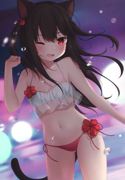 Anime picture 2440x3513 with original nachi single long hair tall image looking at viewer blush fringe highres breasts open mouth light erotic black hair red eyes standing animal ears tail animal tail one eye closed wink