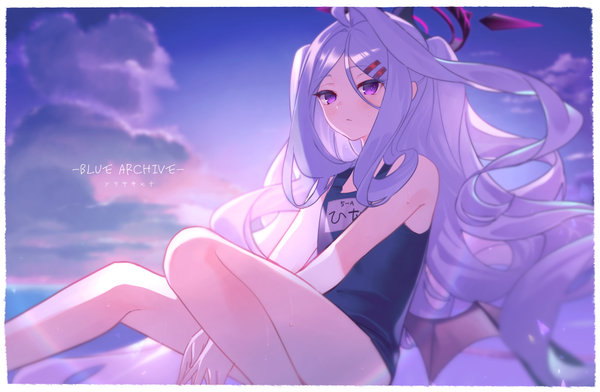 Anime picture 1500x981 with blue archive hina (blue archive) hina (swimsuit) (blue archive) etomai single long hair purple eyes sky silver hair cloud (clouds) bare legs copyright name official alternate costume border low wings girl swimsuit wings halo one-piece swimsuit