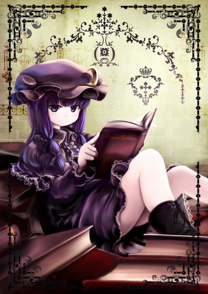 Anime picture 1024x1446 with touhou patchouli knowledge abchipika single long hair tall image purple eyes purple hair framed crescent girl hat book (books)