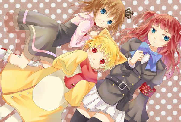 Anime picture 1000x675 with umineko no naku koro ni ushiromiya ange ushiromiya maria sakutarou (umineko) bekkourico long hair blush short hair blue eyes blonde hair red eyes brown hair multiple girls animal ears red hair girl thighhighs dress black thighhighs bowtie