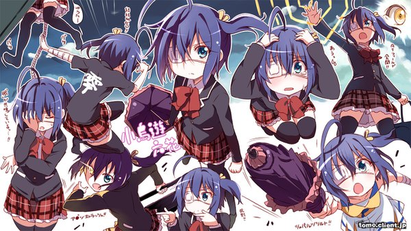 Anime picture 1280x720 with chuunibyou demo koi ga shitai! kyoto animation takanashi rikka kitahara tomoe (kitahara koubou) looking at viewer blush fringe short hair open mouth hair between eyes wide image sitting holding signed looking away purple hair ahoge eyes closed arm up aqua eyes