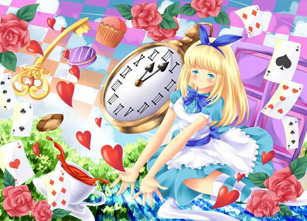 Anime picture 1180x850 with alice in wonderland alice (wonderland) villyane single long hair looking at viewer blush blue eyes blonde hair signed checkered background girl thighhighs dress flower (flowers) bow ribbon (ribbons) plant (plants) hair ribbon food
