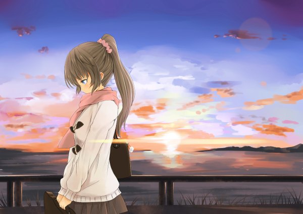 Anime picture 1263x893 with original nr noir single long hair blue eyes brown hair sky cloud (clouds) ponytail evening sunset girl scarf sweater