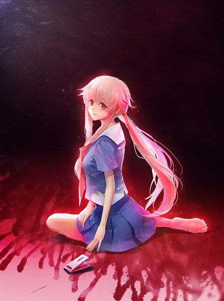 Anime picture 840x1127 with mirai nikki gasai yuno wallace (artist) single long hair tall image looking at viewer fringe breasts smile red eyes sitting twintails pink hair pleated skirt looking back barefoot low twintails girl skirt