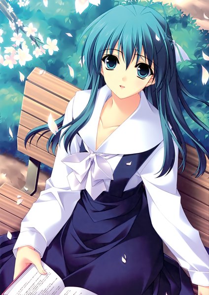 Anime picture 2120x3000 with r.g.b! shiki midori suzuhira hiro long hair tall image highres blue eyes sitting blue hair scan girl dress petals book (books)