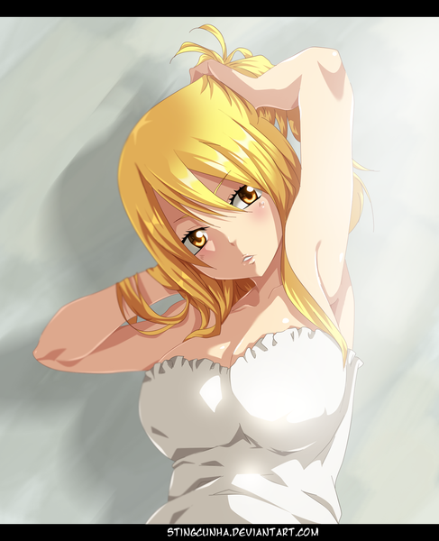 Anime picture 1681x2073 with fairy tail lucy heartfilia stingcunha single long hair tall image blush blonde hair bare shoulders yellow eyes grey background armpit (armpits) coloring adjusting hair letterboxed girl dress white dress
