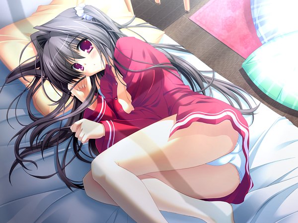 Anime picture 1200x900 with blush light erotic black hair purple eyes game cg pantyshot girl pillow bed
