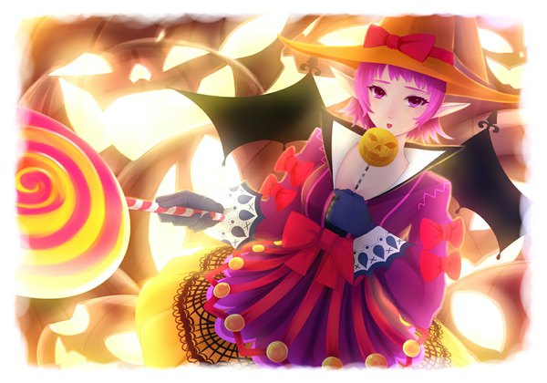 Anime picture 1150x806 with original bounin short hair pink hair pink eyes pointy ears halloween bat wings girl gloves bow wings witch hat candy vegetables pumpkin