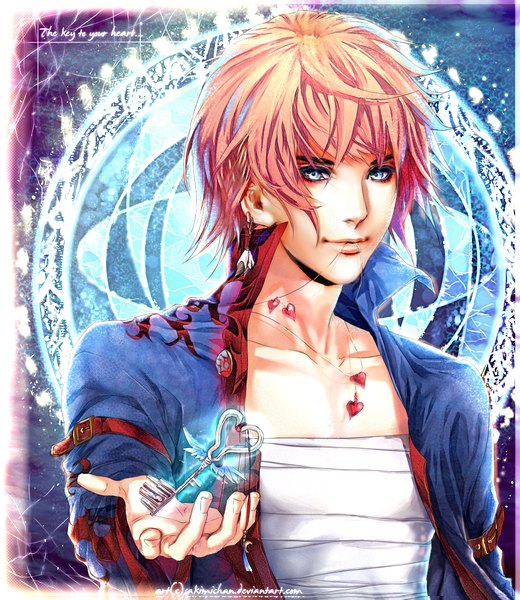 Anime picture 1030x1188 with kingdom hearts square enix sakimichan tall image short hair blue eyes pink hair light smile realistic open clothes framed boy earrings wings heart bandage (bandages) necklace key