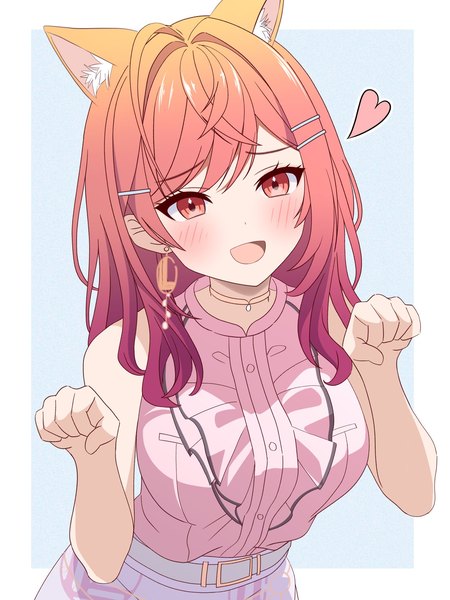 Anime picture 1440x1920 with virtual youtuber hololive hololive dev is ichijou ririka kuchitani single long hair tall image looking at viewer blush breasts open mouth simple background smile animal ears cat ears orange hair orange eyes sleeveless gradient hair