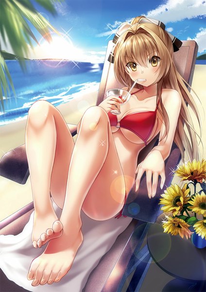 Anime picture 800x1133 with amagi brilliant park kyoto animation sento isuzu bison cangshu single long hair tall image looking at viewer blush breasts light erotic brown hair brown eyes sky cloud (clouds) ponytail beach girl flower (flowers) swimsuit