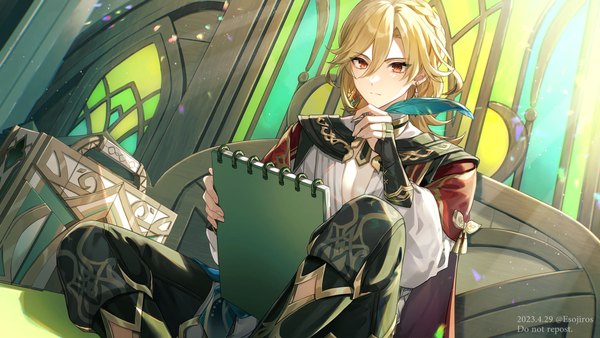 Anime-Bild 2048x1152 mit genshin impact kaveh (genshin impact) amaichi esora single long hair fringe highres blonde hair hair between eyes red eyes wide image sitting signed twitter username dated boy earrings feather (feathers) notebook stained glass