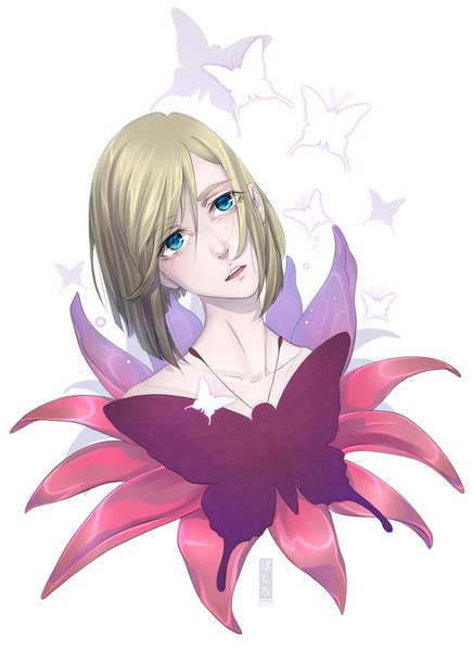 Anime picture 1200x1650 with red garden kate ashley basti rin single tall image short hair open mouth blue eyes blonde hair simple background white background bare shoulders signed looking away upper body head tilt girl flower (flowers) insect butterfly