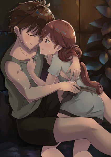 Anime picture 1240x1754 with hai to gensou no grimgar a-1 pictures yume (grimgar) haruhiro (grimgar) xuan chu long hair tall image blush fringe short hair light erotic smile hair between eyes red eyes brown hair sitting ahoge bent knee (knees) eyes closed light smile