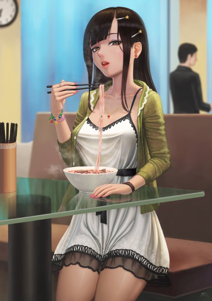 Anime picture 1748x2480 with original darkmuleth single long hair tall image looking at viewer highres open mouth black hair sitting brown eyes eating girl dress bracelet hairclip table chopsticks