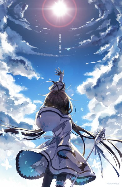 Anime picture 765x1170 with utau xia yu yao hizuki24 single long hair tall image black hair twintails holding sky cloud (clouds) ahoge from behind inscription outstretched arm back hieroglyph girl dress gloves