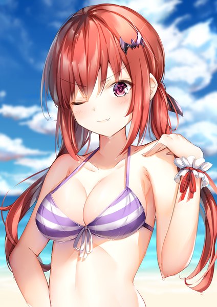 Anime picture 848x1200 with gabriel dropout doga kobo satanichia kurumizawa mcdowell shiero. single long hair tall image looking at viewer blush fringe breasts light erotic hair between eyes bare shoulders sky cleavage cloud (clouds) upper body outdoors red hair