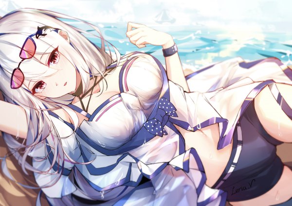 Anime picture 2500x1767 with arknights skadi (arknights) skadi (waverider) (arknights) leria v single long hair looking at viewer blush fringe highres breasts open mouth light erotic hair between eyes red eyes large breasts signed sky silver hair cloud (clouds)