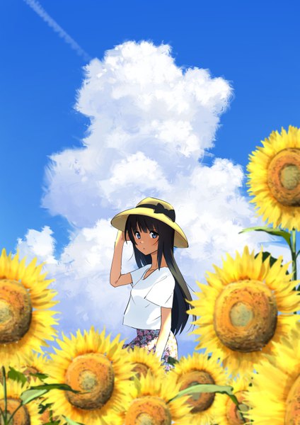 Anime picture 600x849 with original domo1220 single long hair tall image looking at viewer fringe blue eyes black hair sky cloud (clouds) condensation trail girl skirt flower (flowers) bow hat t-shirt hat ribbon sunflower
