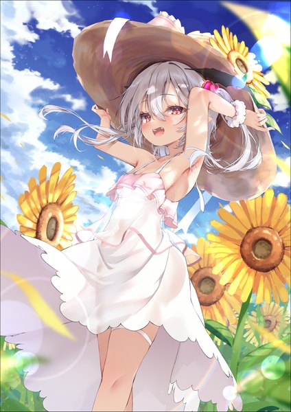 Anime picture 4464x6316 with virtual youtuber white lilia nyahu (nyahu 77) single long hair tall image looking at viewer fringe highres open mouth smile hair between eyes red eyes standing twintails payot absurdres sky cloud (clouds) outdoors