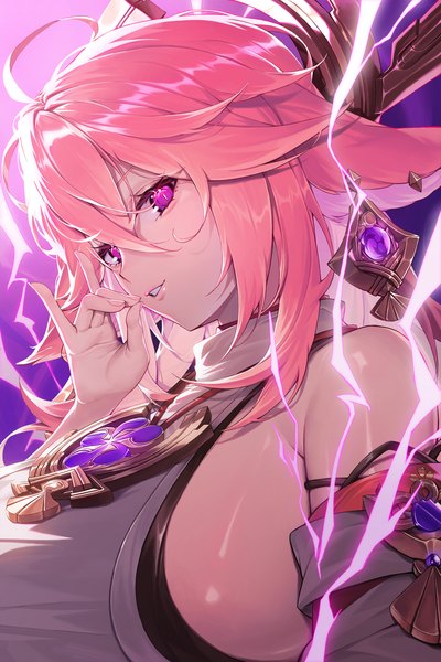 Anime picture 1500x2250 with genshin impact yae miko sunnillust single long hair tall image looking at viewer fringe breasts light erotic smile large breasts animal ears upper body ahoge parted lips arm up fox ears sideboob electricity