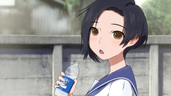 Anime picture 1280x720 with love plus pocari sweat kobayakawa rinko ikiteru short hair open mouth black hair wide image brown eyes looking back girl serafuku bottle