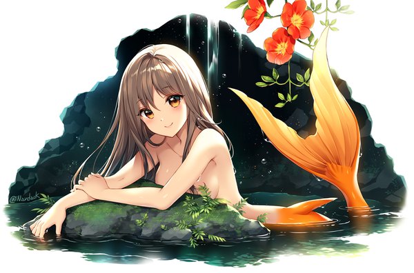 Anime picture 1500x990 with original nardack single long hair looking at viewer blush fringe breasts light erotic simple background smile brown hair white background brown eyes signed wet twitter username partially submerged topless convenient censoring