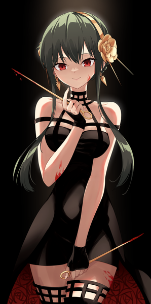 Anime picture 1200x2420 with spy x family yor briar profnote single long hair tall image looking at viewer fringe black hair simple background smile hair between eyes red eyes standing sleeveless black background blood on face bloody weapon girl dress