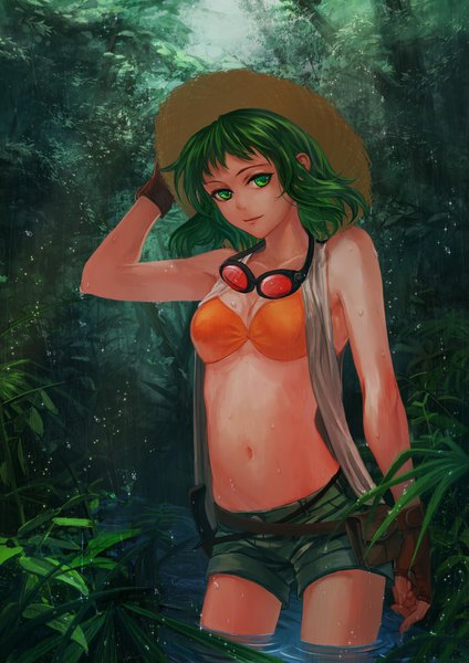 Anime picture 707x1000 with vocaloid gumi yamakawa umi single tall image short hair light erotic green eyes looking away green hair wet partially submerged rain hand on head river goggles around neck girl gloves navel plant (plants)