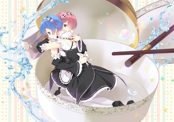 Anime picture 1920x1357 with re:zero kara hajimeru isekai seikatsu white fox rem (re:zero) ram (re:zero) mad hatter (artist) fringe highres short hair blue eyes red eyes multiple girls blue hair pink hair hair over one eye maid hug girl dress uniform 2 girls