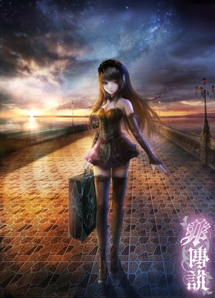 Anime picture 969x1339 with original fufu single long hair tall image looking at viewer fringe breasts light erotic black hair hair between eyes brown hair bare shoulders green eyes signed payot sky cleavage cloud (clouds) ahoge